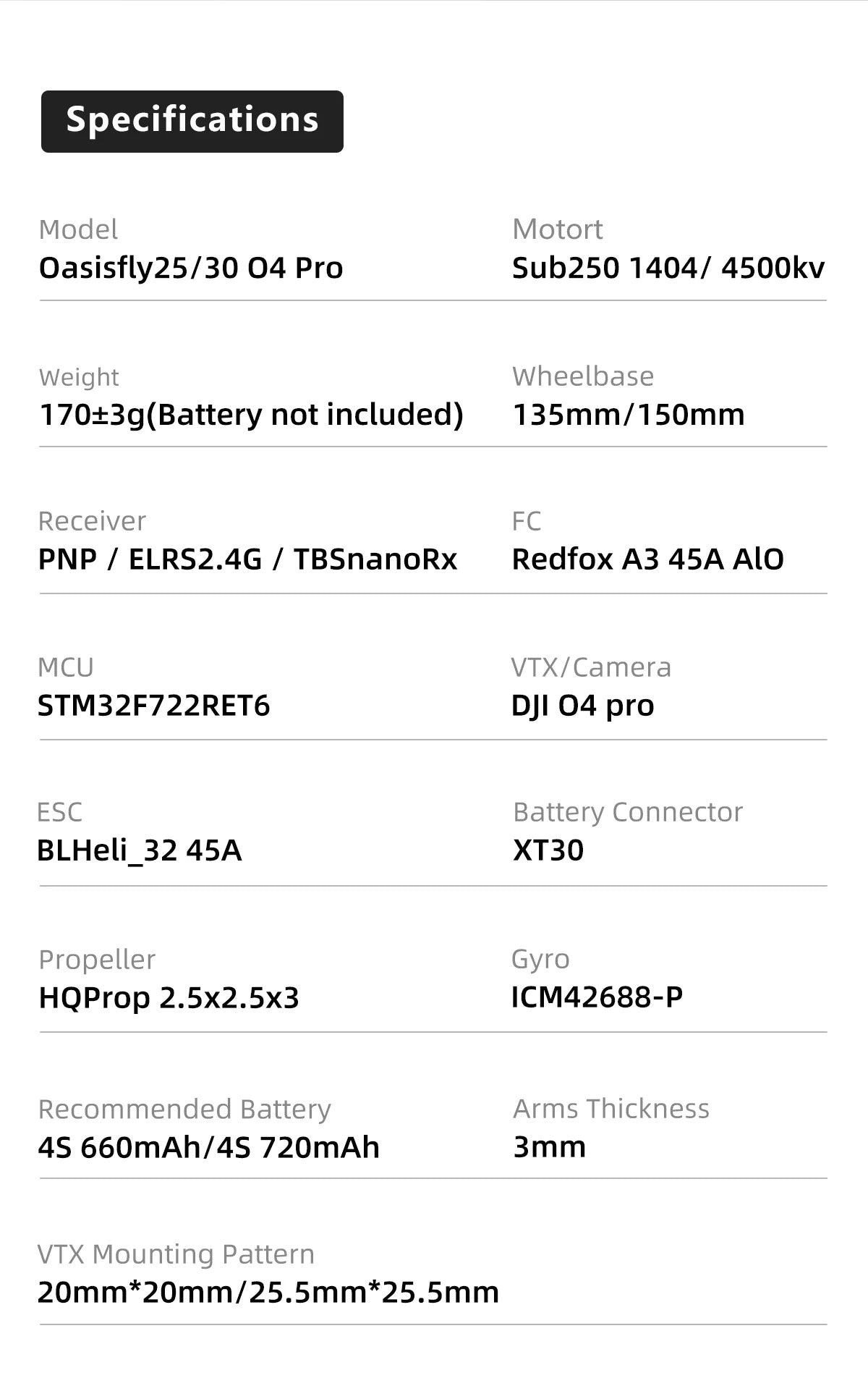 Sub250 Oasisfly25 2.5 Inches HD O4 Pro Freestyle Quadcopter